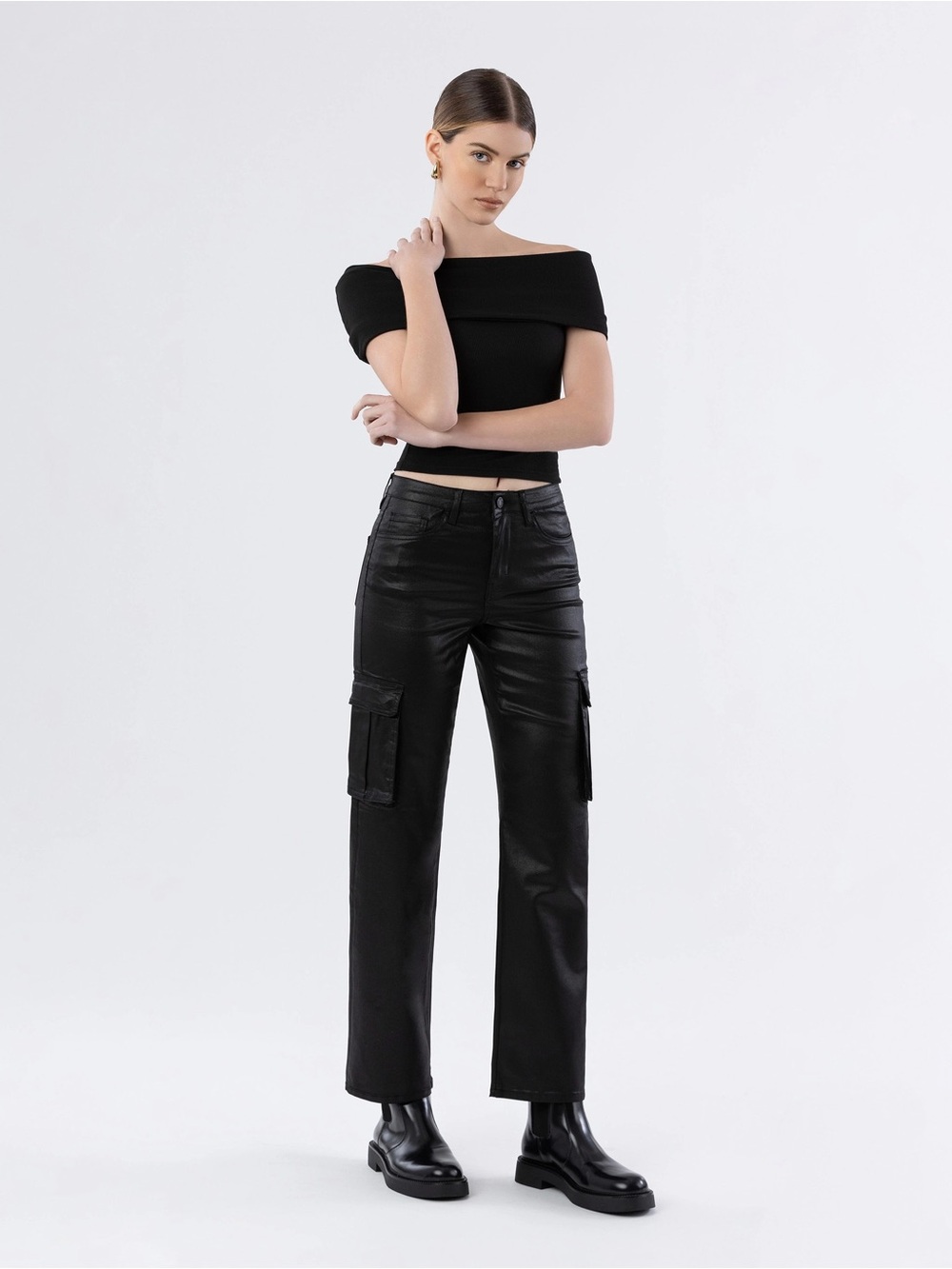 Coated Denim Cargo Pants